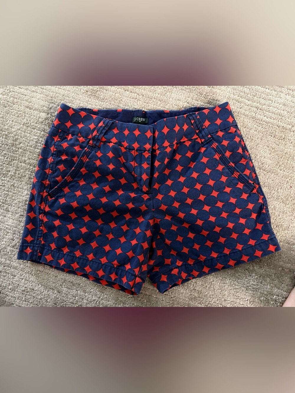 J.Crew Size 0 Navy & Red Geometric Print Chino Shorts Preppy Summer